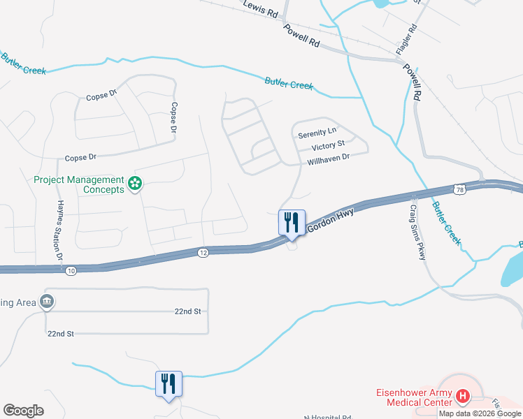 map of restaurants, bars, coffee shops, grocery stores, and more near 2307 Trinity Circle in Augusta
