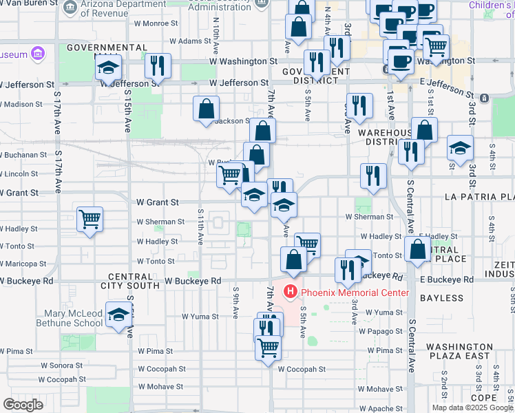 map of restaurants, bars, coffee shops, grocery stores, and more near 707 West Grant Street in Phoenix