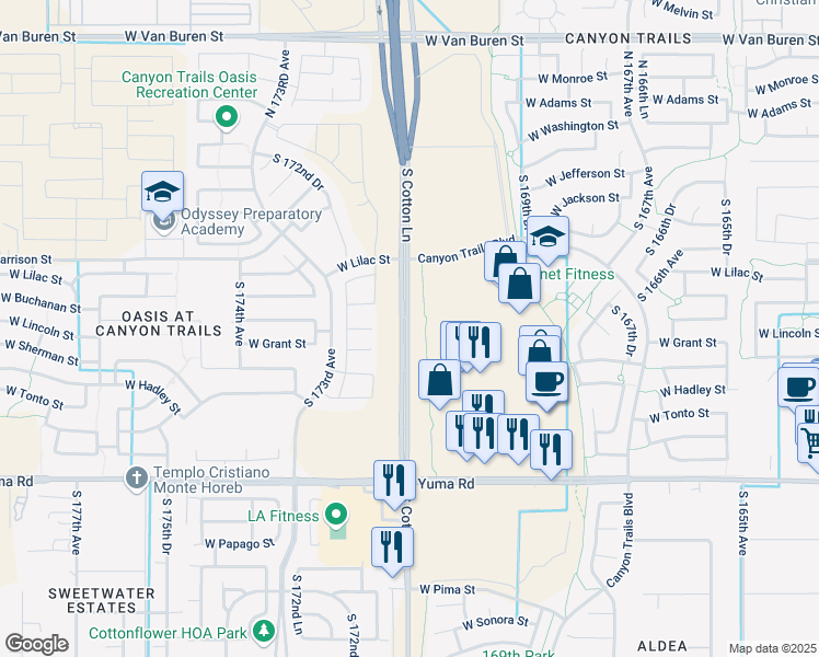 map of restaurants, bars, coffee shops, grocery stores, and more near 575 South Cotton Lane in Goodyear