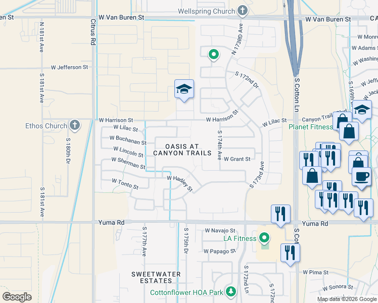 map of restaurants, bars, coffee shops, grocery stores, and more near 17515 West Lincoln Street in Goodyear