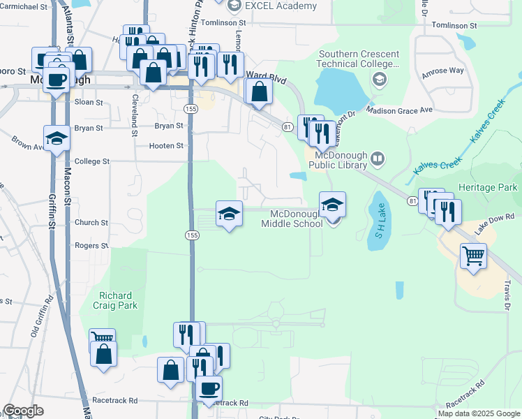 map of restaurants, bars, coffee shops, grocery stores, and more near 150 Postmaster Drive in McDonough