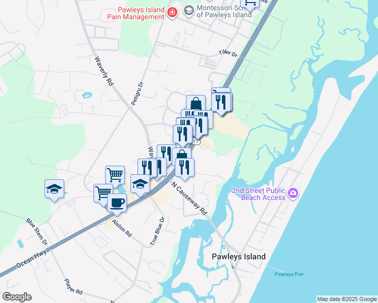 map of restaurants, bars, coffee shops, grocery stores, and more near 10698 Ocean Highway in Pawleys Island