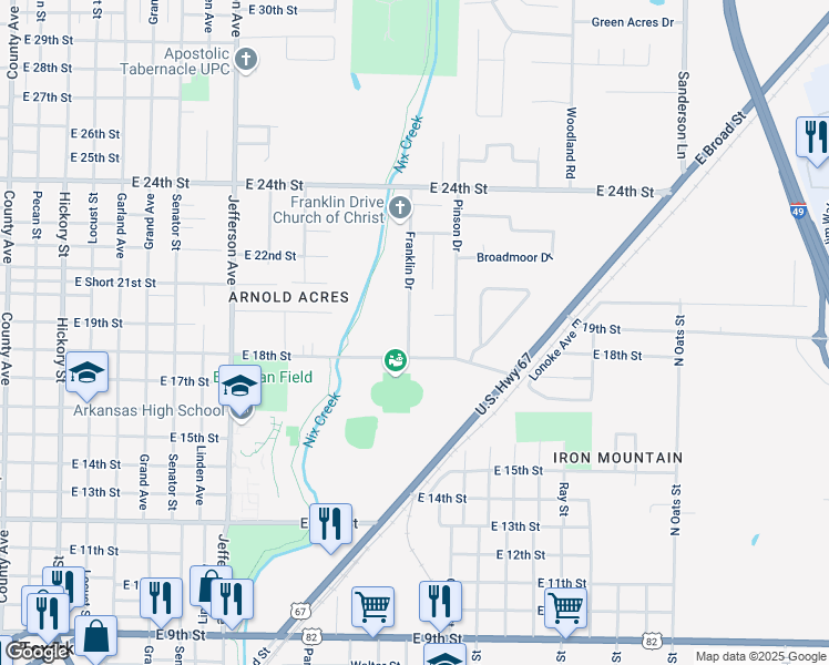 map of restaurants, bars, coffee shops, grocery stores, and more near 1814 Franklin Drive in Texarkana