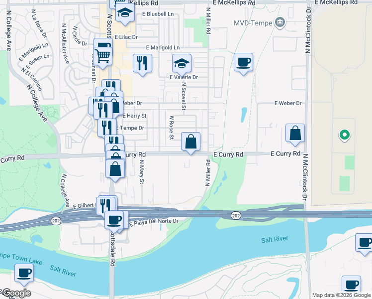 map of restaurants, bars, coffee shops, grocery stores, and more near 1221 East Henry Street in Tempe