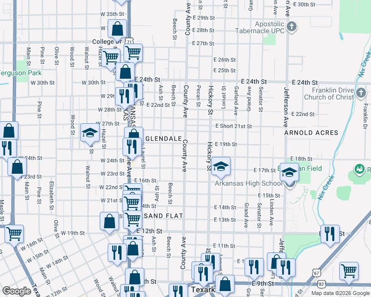 map of restaurants, bars, coffee shops, grocery stores, and more near 1824 County Avenue in Texarkana