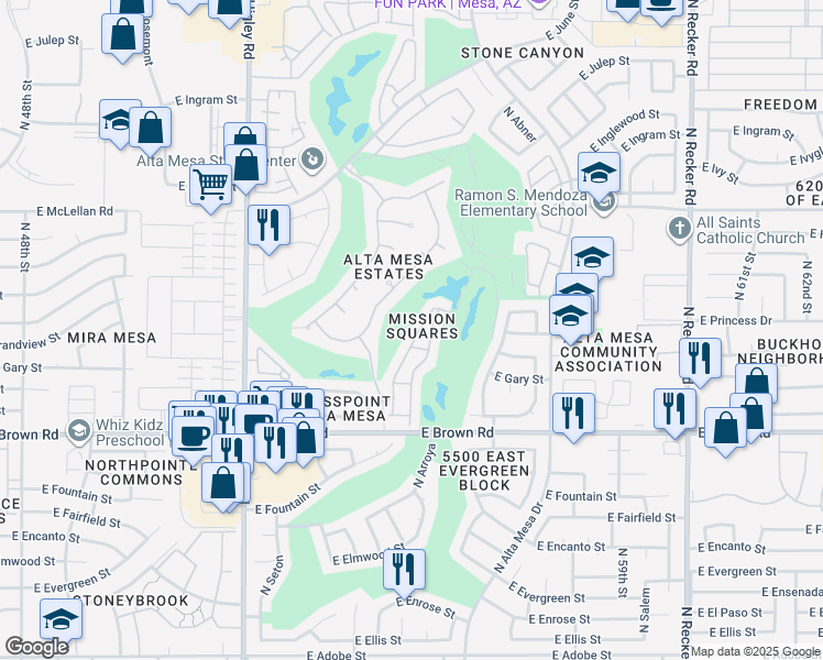 map of restaurants, bars, coffee shops, grocery stores, and more near 1235 North Sunnyvale in Mesa
