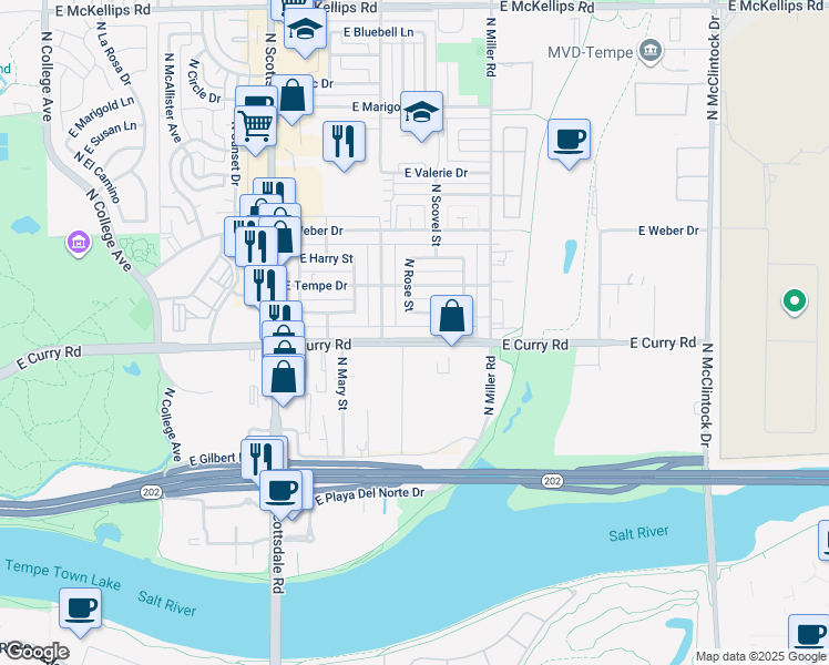 map of restaurants, bars, coffee shops, grocery stores, and more near 1133 East Henry Street in Tempe