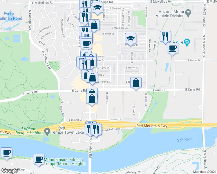 map of restaurants, bars, coffee shops, grocery stores, and more near 1007 East Henry Street in Tempe