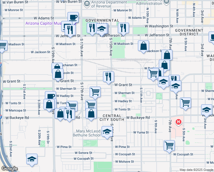 map of restaurants, bars, coffee shops, grocery stores, and more near 1515 West Grant Street in Phoenix