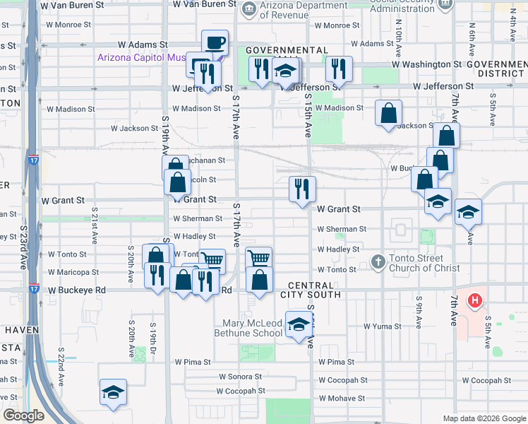 map of restaurants, bars, coffee shops, grocery stores, and more near 1545 West Grant Street in Phoenix