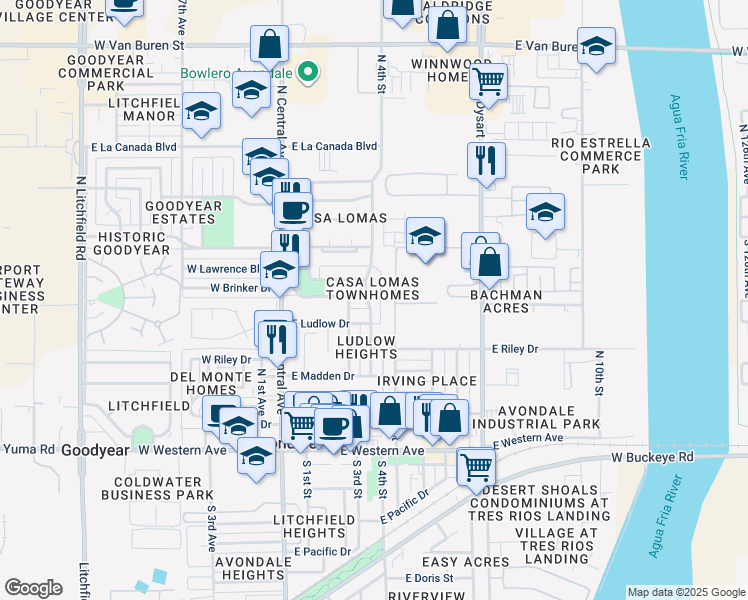 map of restaurants, bars, coffee shops, grocery stores, and more near 601 North 4th Street in Avondale