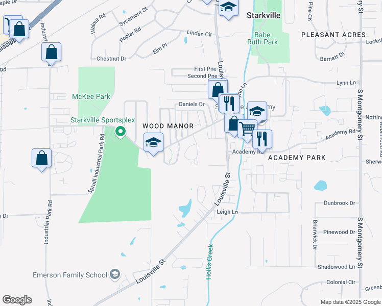 map of restaurants, bars, coffee shops, grocery stores, and more near 205 Lynn Lane in Starkville