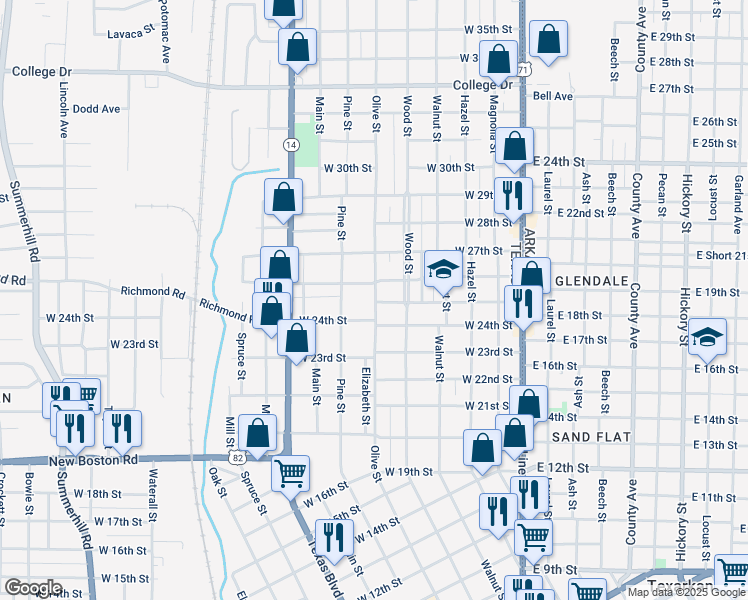 map of restaurants, bars, coffee shops, grocery stores, and more near 2423 Olive Street in Texarkana