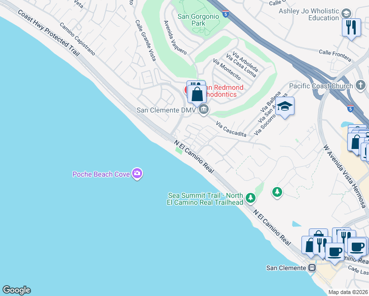 map of restaurants, bars, coffee shops, grocery stores, and more near 2803 North El Camino Real in San Clemente