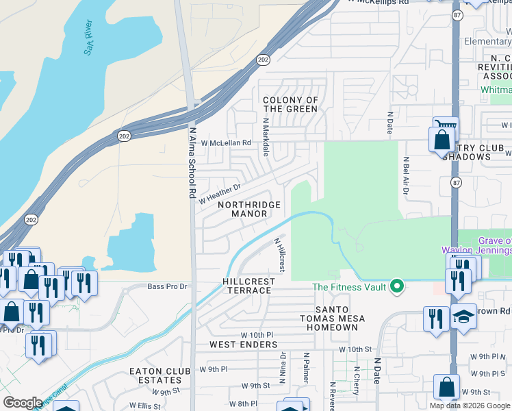 map of restaurants, bars, coffee shops, grocery stores, and more near 948 West Hackamore Street in Mesa