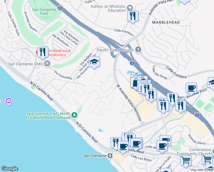 map of restaurants, bars, coffee shops, grocery stores, and more near 102 Via Galicia in San Clemente
