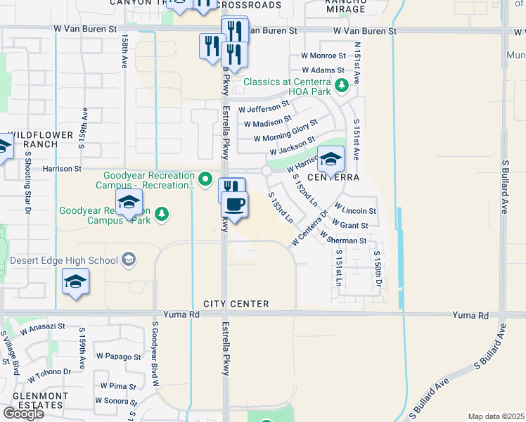 map of restaurants, bars, coffee shops, grocery stores, and more near 15400 West Goodyear Boulevard North in Goodyear
