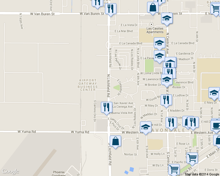 map of restaurants, bars, coffee shops, grocery stores, and more near 620 North Litchfield Road in Goodyear