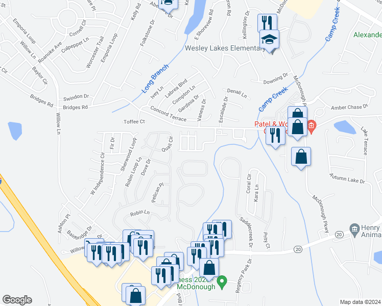 map of restaurants, bars, coffee shops, grocery stores, and more near 207 London Drive in McDonough