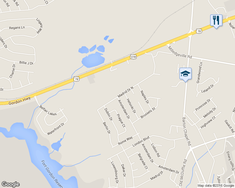 map of restaurants, bars, coffee shops, grocery stores, and more near 3663 Madrid Drive in Augusta