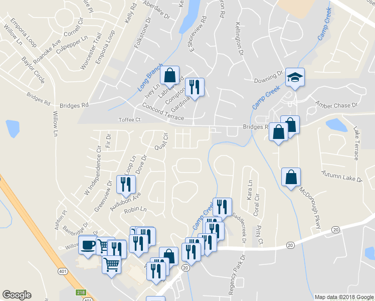map of restaurants, bars, coffee shops, grocery stores, and more near 501 Epris Lane in McDonough