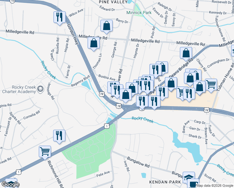 map of restaurants, bars, coffee shops, grocery stores, and more near 1959 Kissingbower Road in Augusta