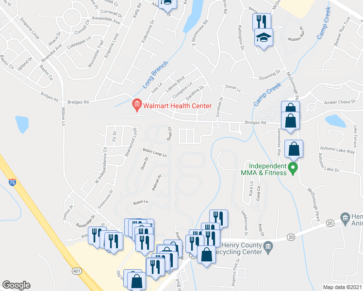 map of restaurants, bars, coffee shops, grocery stores, and more near 231 London Drive in McDonough