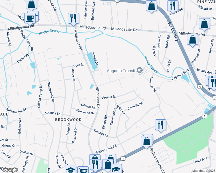 map of restaurants, bars, coffee shops, grocery stores, and more near 2924 Courtney Road in Augusta