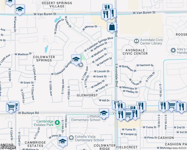 map of restaurants, bars, coffee shops, grocery stores, and more near 11726 West Grant Street in Avondale