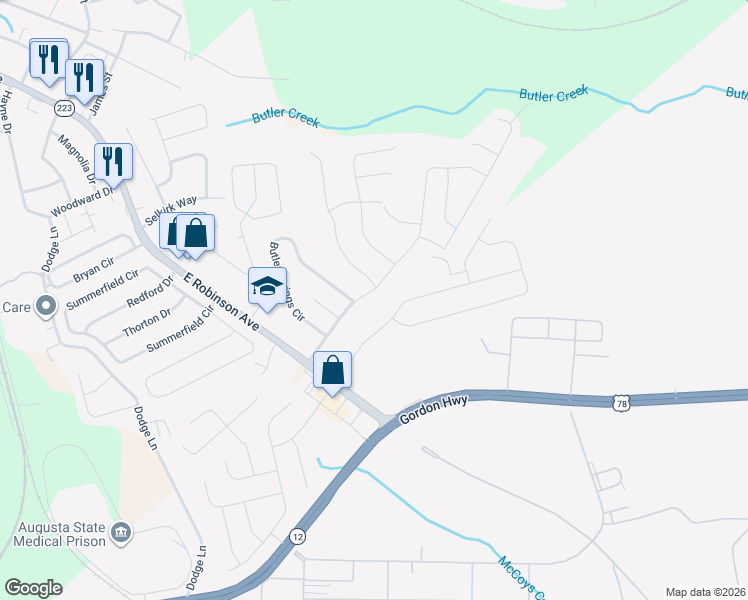 map of restaurants, bars, coffee shops, grocery stores, and more near 3020 Pepperhill Drive in Grovetown