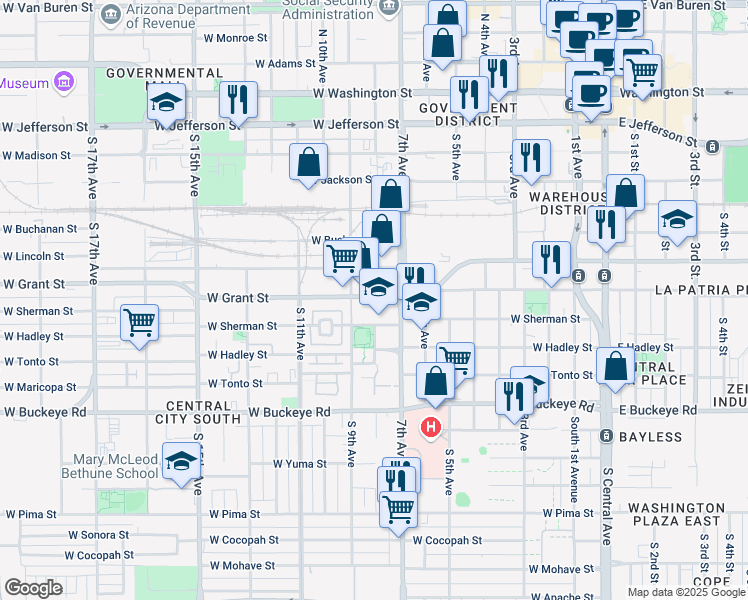 map of restaurants, bars, coffee shops, grocery stores, and more near 707 West Grant Street in Phoenix