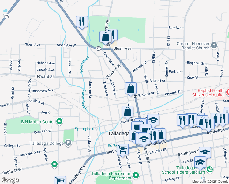 map of restaurants, bars, coffee shops, grocery stores, and more near 400 North Spring Street in Talladega