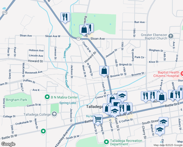 map of restaurants, bars, coffee shops, grocery stores, and more near 400 North Spring Street in Talladega
