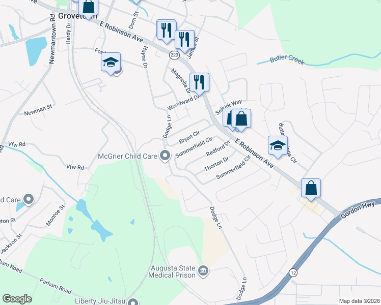map of restaurants, bars, coffee shops, grocery stores, and more near 131 Summerfield Circle in Grovetown