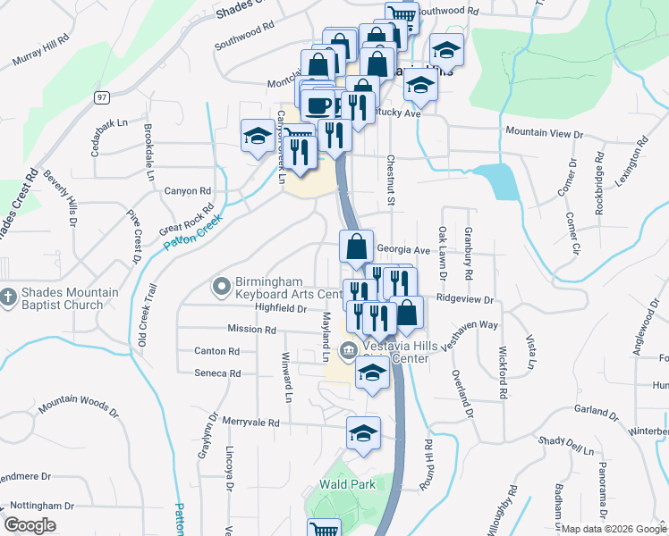 map of restaurants, bars, coffee shops, grocery stores, and more near 1016 Vestavia Manor Drive in Vestavia Hills