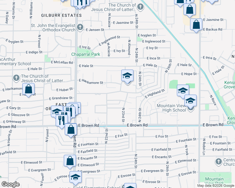 map of restaurants, bars, coffee shops, grocery stores, and more near 2263 East Huber Street in Mesa