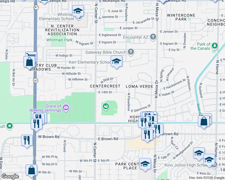 map of restaurants, bars, coffee shops, grocery stores, and more near 51 East 14th Place in Mesa