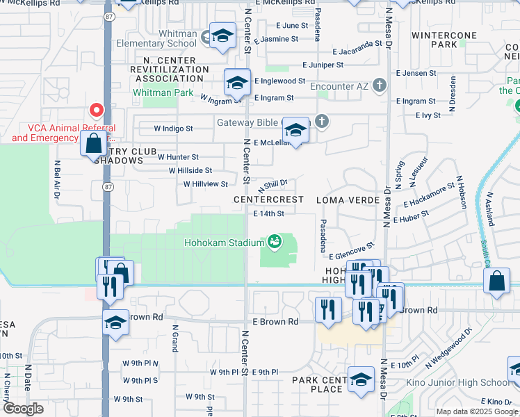 map of restaurants, bars, coffee shops, grocery stores, and more near 1427 North Shill Drive in Mesa