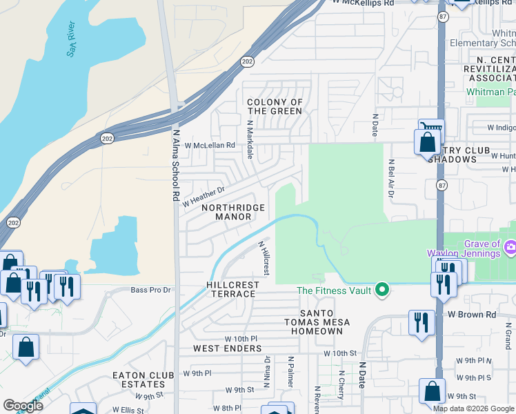 map of restaurants, bars, coffee shops, grocery stores, and more near 1500 North Markdale in Mesa