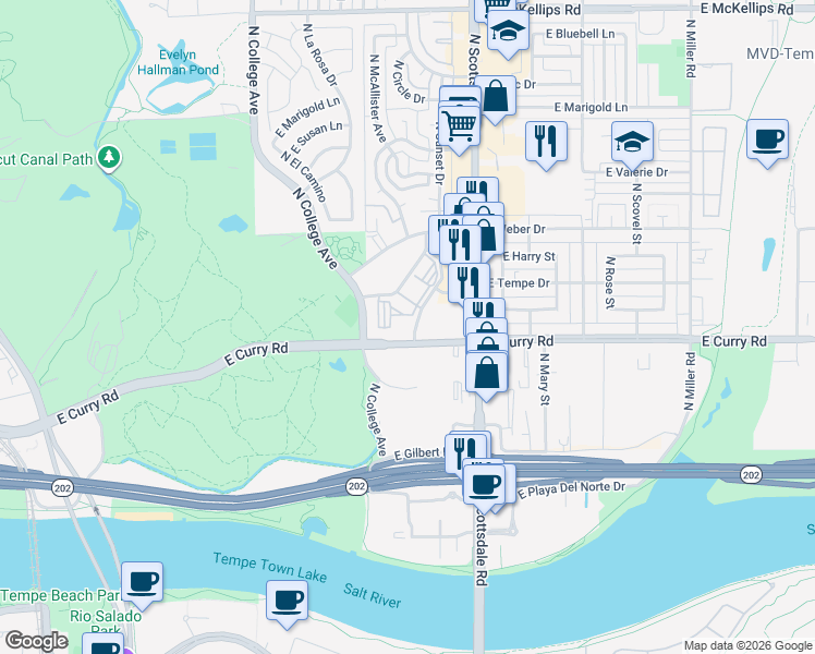 map of restaurants, bars, coffee shops, grocery stores, and more near 600 East Curry Road in Tempe