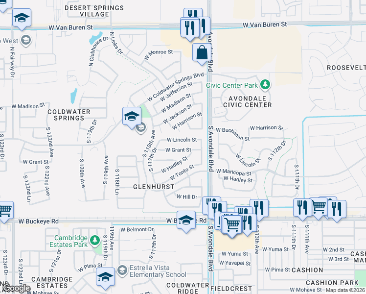 map of restaurants, bars, coffee shops, grocery stores, and more near 11701 West Lincoln Street in Avondale
