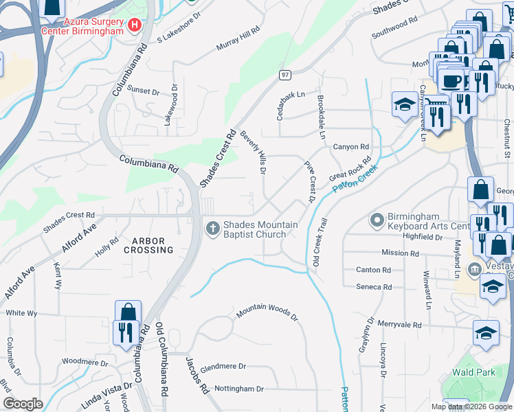 map of restaurants, bars, coffee shops, grocery stores, and more near 2110 Markcliff Circle in Vestavia Hills