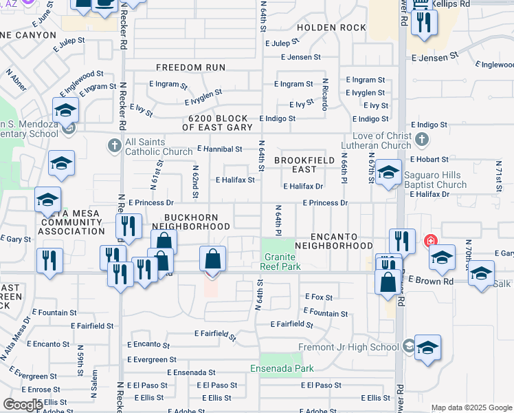 map of restaurants, bars, coffee shops, grocery stores, and more near 6361 East Princess Drive in Mesa