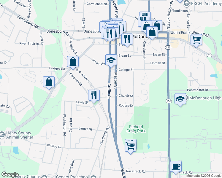 map of restaurants, bars, coffee shops, grocery stores, and more near 231 Macon Street in McDonough