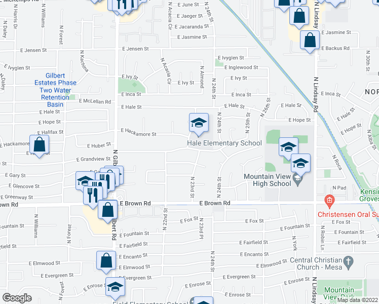map of restaurants, bars, coffee shops, grocery stores, and more near 2263 East Huber Street in Mesa