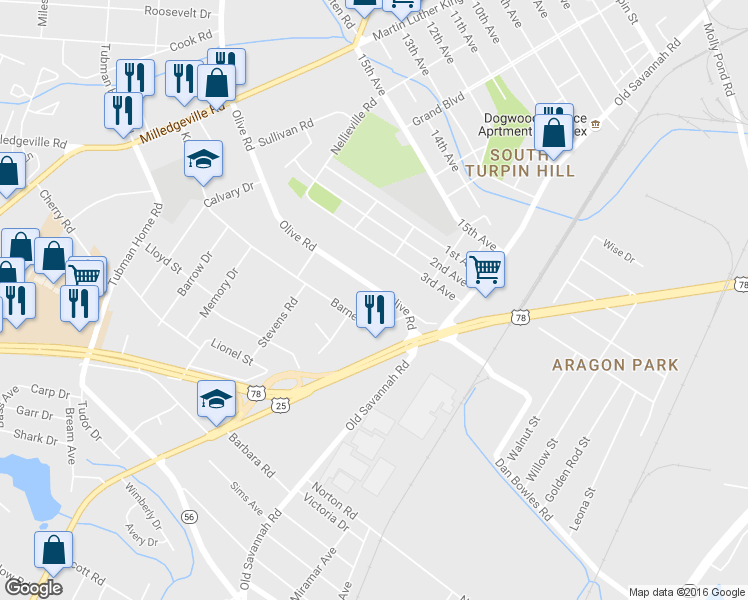 map of restaurants, bars, coffee shops, grocery stores, and more near 2045 Olive Rd in Augusta