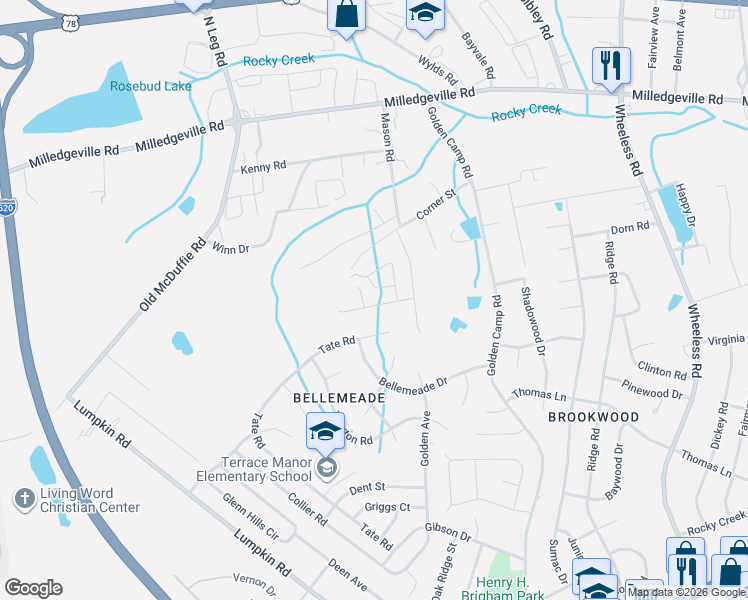 map of restaurants, bars, coffee shops, grocery stores, and more near Mason Drive in Augusta