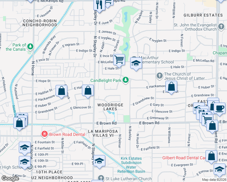 map of restaurants, bars, coffee shops, grocery stores, and more near 1317 East Hackamore Street in Mesa