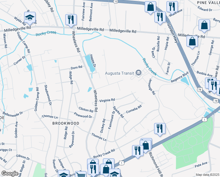 map of restaurants, bars, coffee shops, grocery stores, and more near 2924 Courtney Road in Augusta