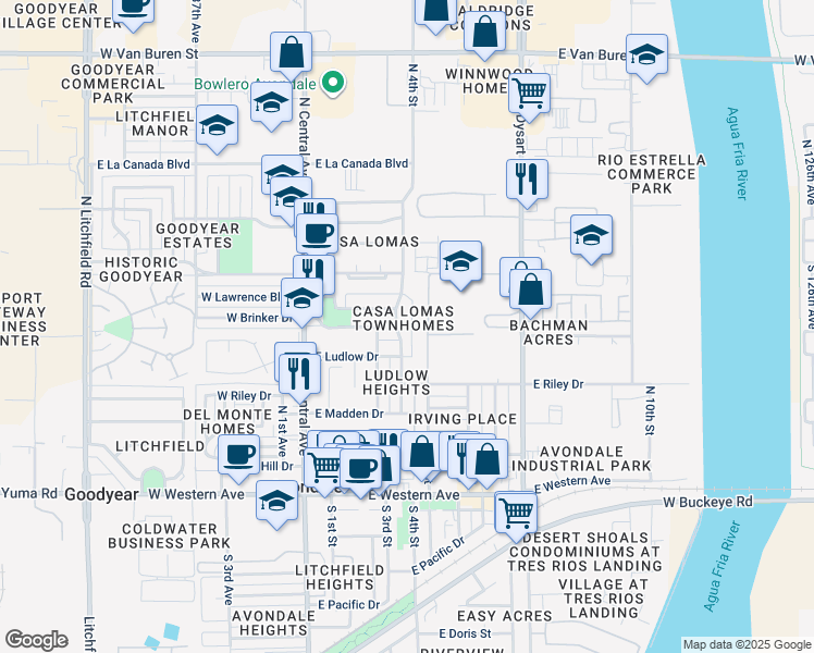 map of restaurants, bars, coffee shops, grocery stores, and more near 601 North 4th Street in Avondale